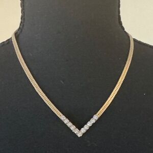 Vintage Gold Tone Herringbone Chevron V Necklace Clear Crystal Accents Elegant